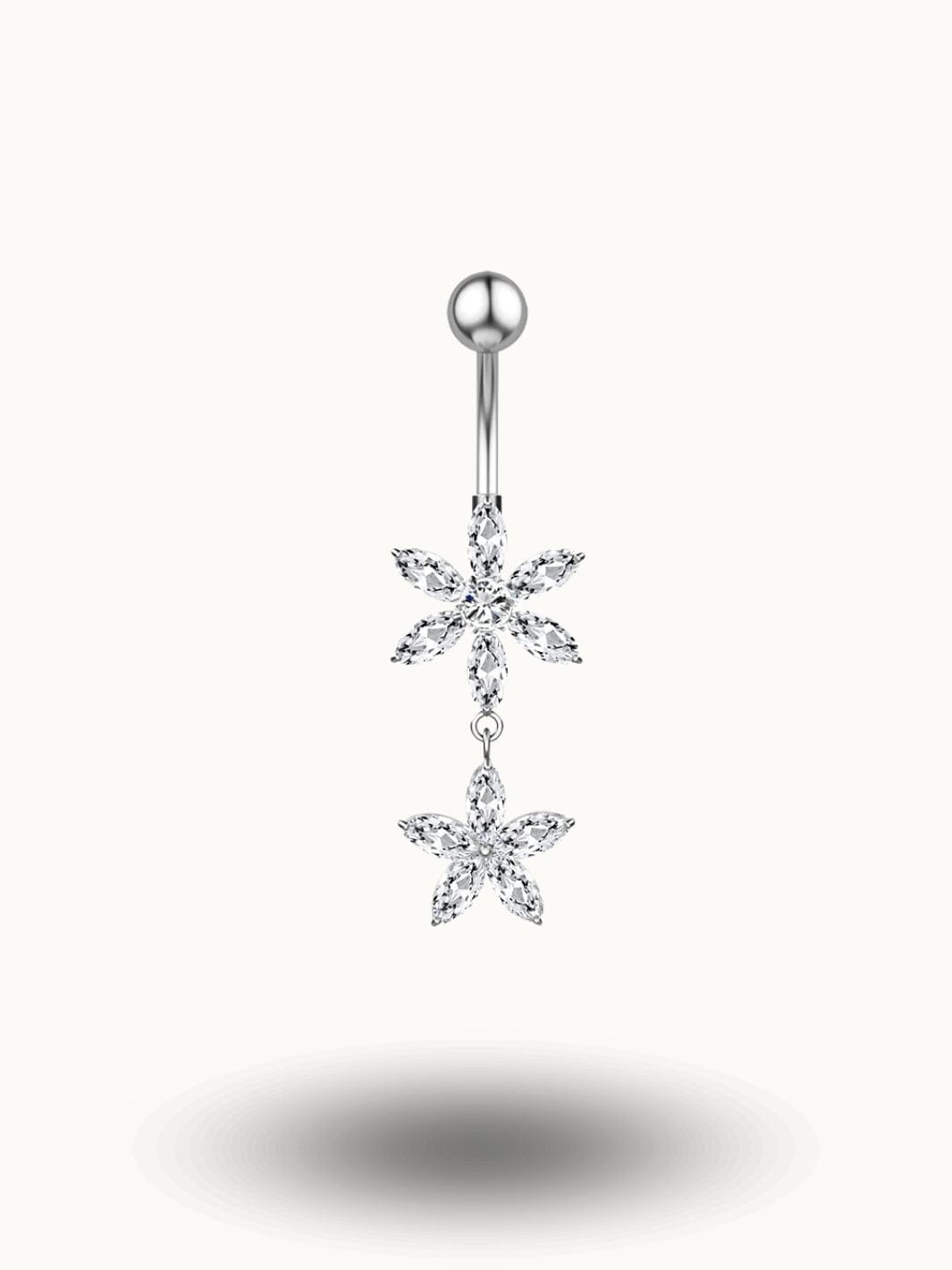 Piercing nombril fleur avec double pampille en cristaux Argent